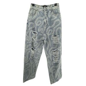 Akira Women’s High Rise Chainlink Print Distressed Straight Mom Jeans Small